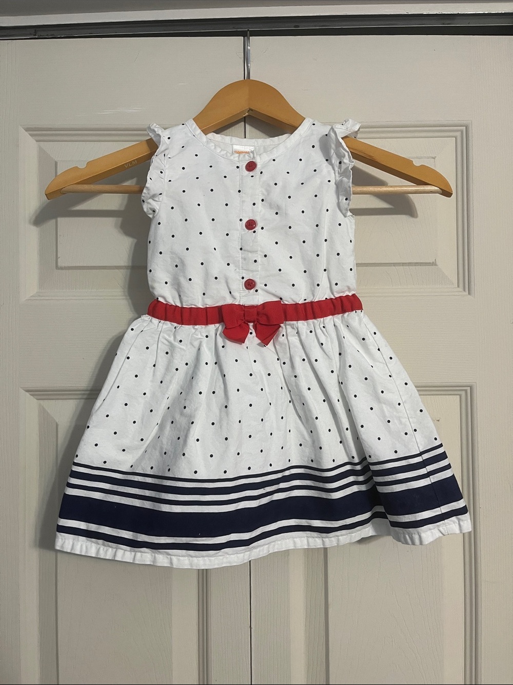 Gymboree White Dress with Black Polka Dots, Red Belt and Navy Trim